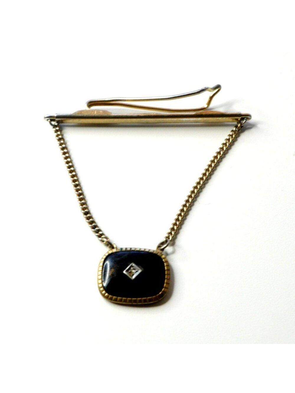 Vintage Anson Black Stone Rhinestone Square Accent Tie Chain Clip Gold Tone